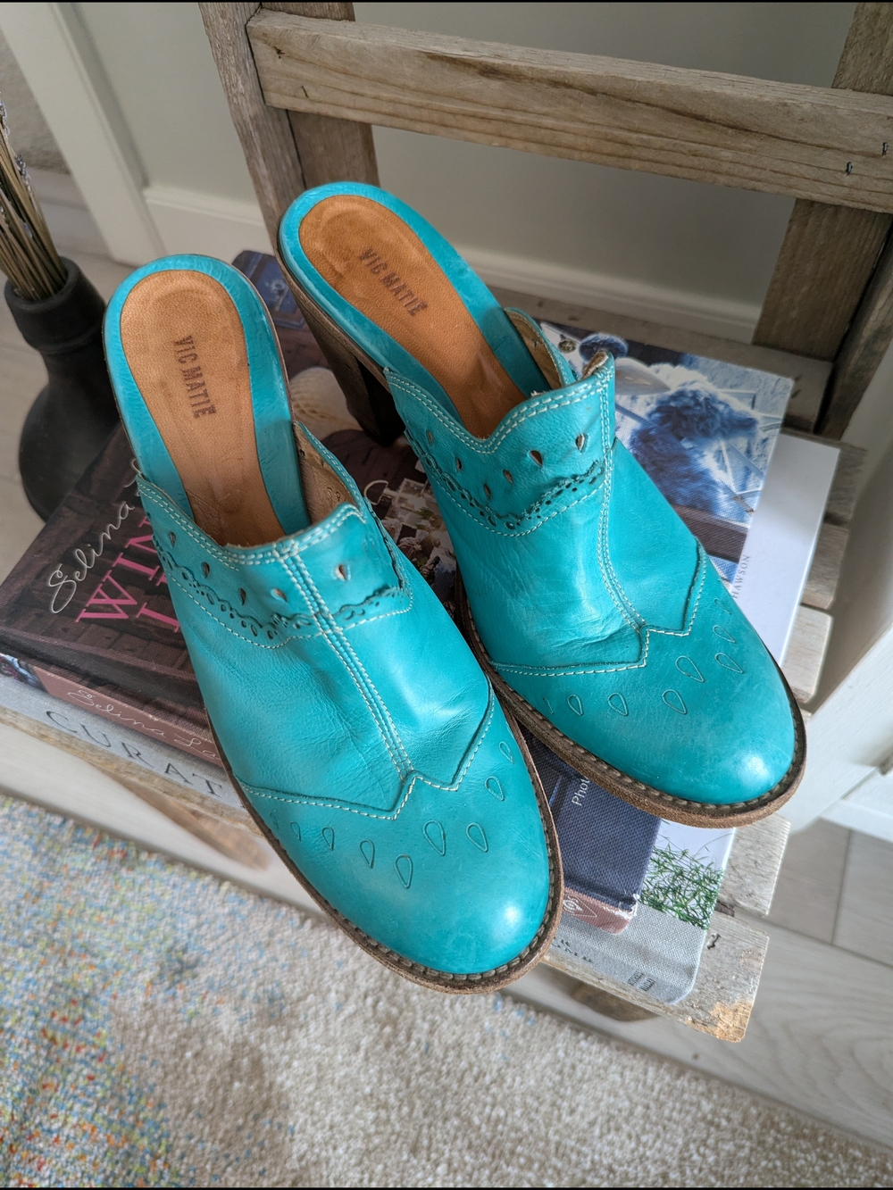 Vic Matie Turquoise Leather Slip-On Mules with Perforated Detail